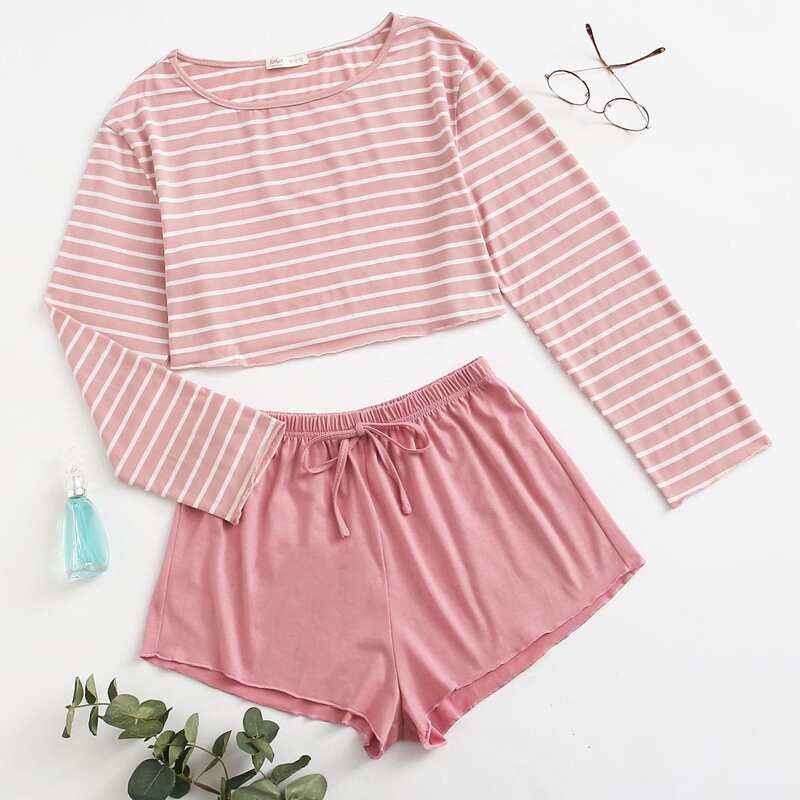 

Stripe Long Sleeve Tee & Shorts PJ Set, Dusty pink