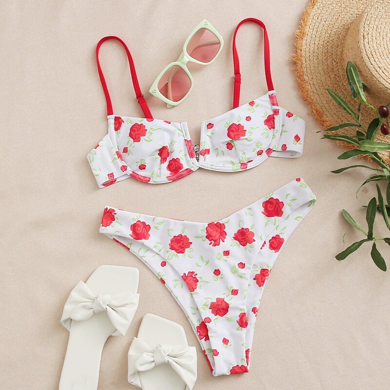 

Floral Underwire High Leg Bikini Swimsuit, Red and white