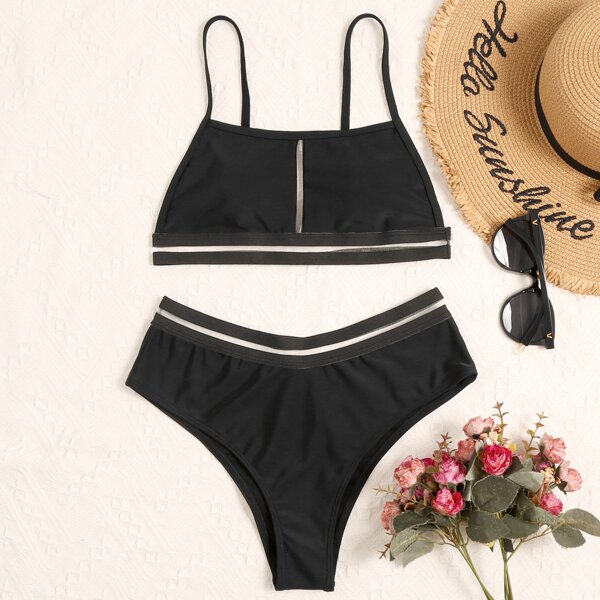 

Contrast Mesh Bikini Swimsuit, Black