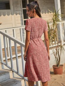 SHEIN VCAY 蝙蝠袖圍裹結飾花卉連衣裙 - 藕粉色 - 查看 2