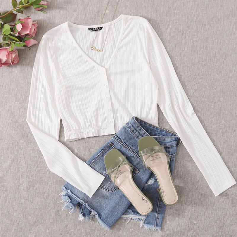 

Rib-knit Buttoned Front Frill Hem Crop Top, White