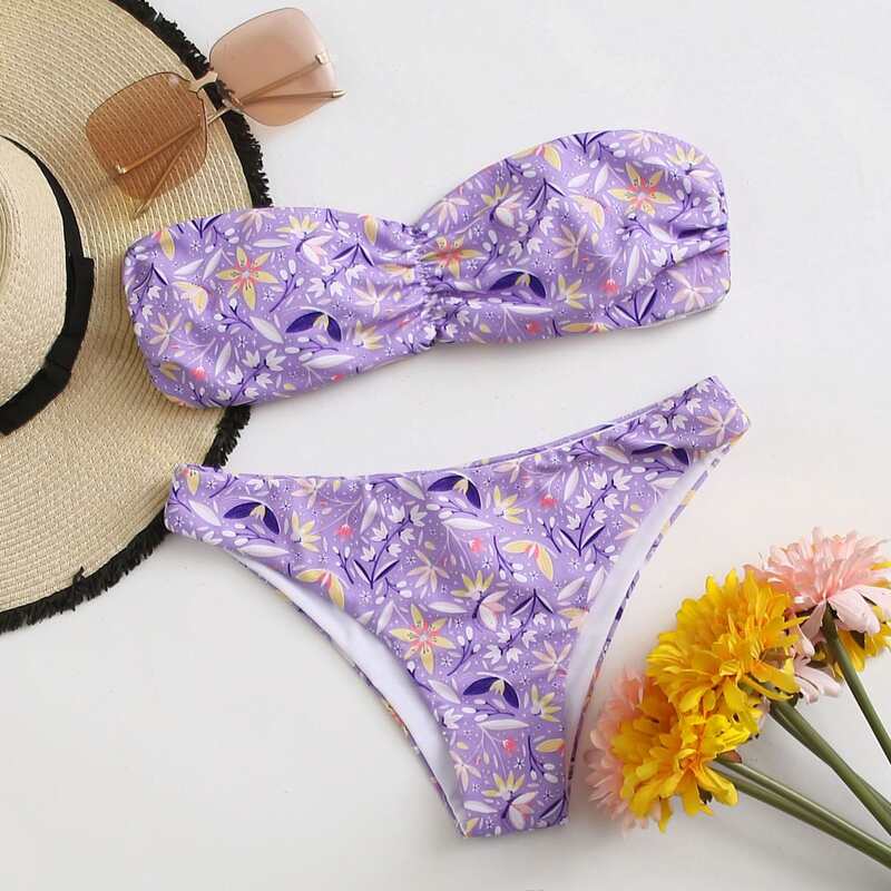 

Floral Bandeau Bikini Swimsuit, Lilac purple