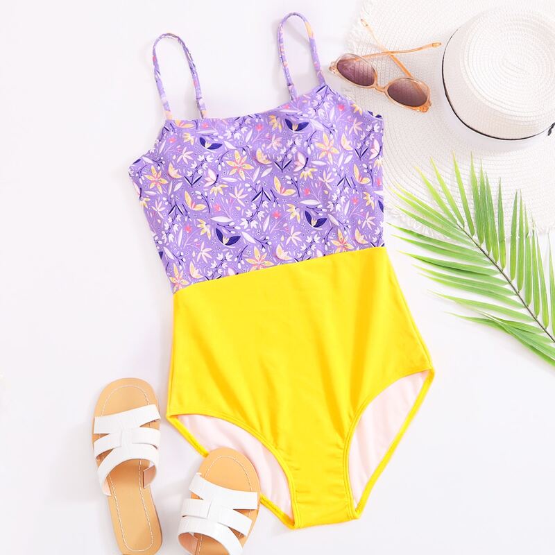 

Floral Colorblock Cami One Piece Swimsuit, Multicolor