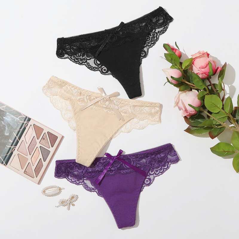

3pack Lace Trim Thong Set, Multicolor
