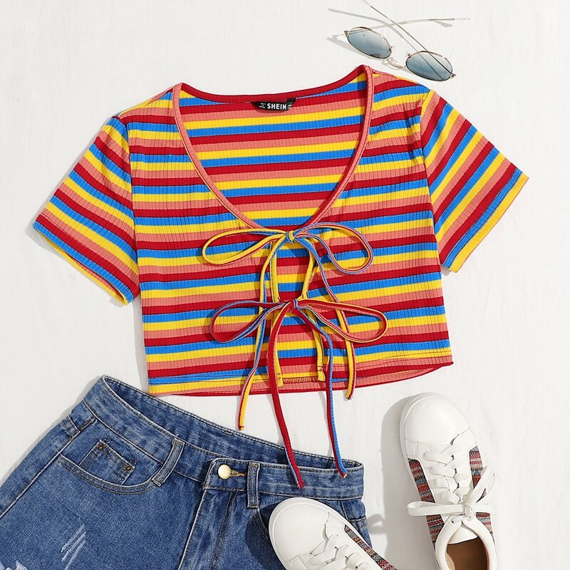 

Tie Front Rainbow Striped Rib-knit Top, Multicolor