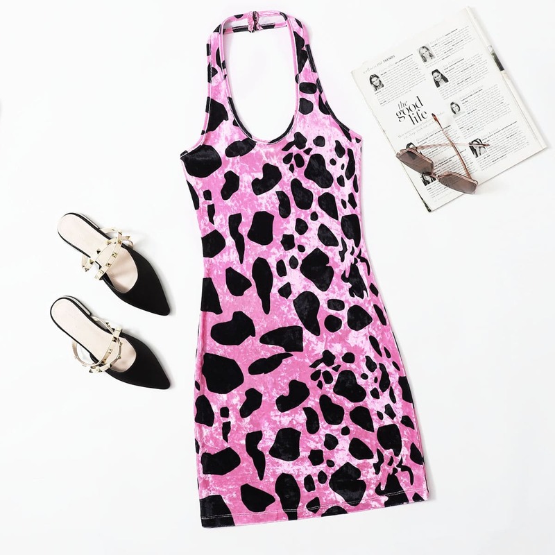 

Dalmatian Pattern Velvet Halter Dress Without Belt, Multicolor