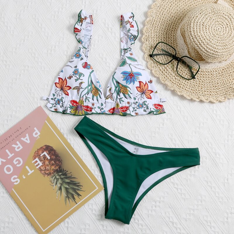 

Floral Frill Trim Triangle Bikini Swimsuit, Multicolor
