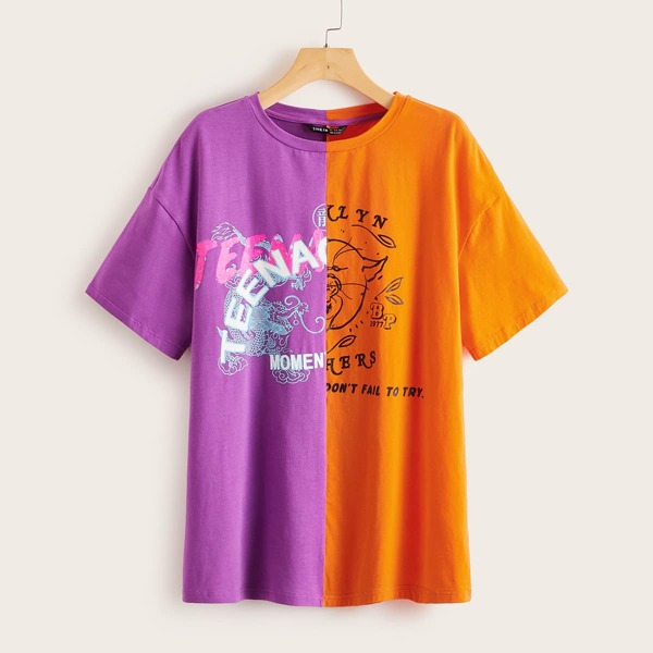 

Drop Shoulder Graphic Print Colorblock Tee, Multicolor