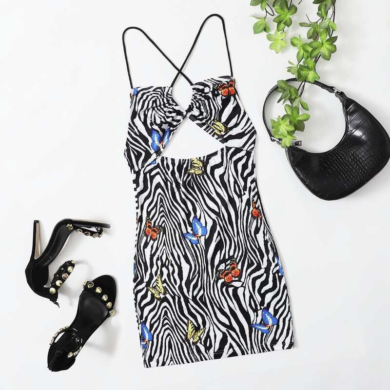 

Open Back Cut Out Crisscross Front Zebra Striped and Butterfly Dress, Black and white