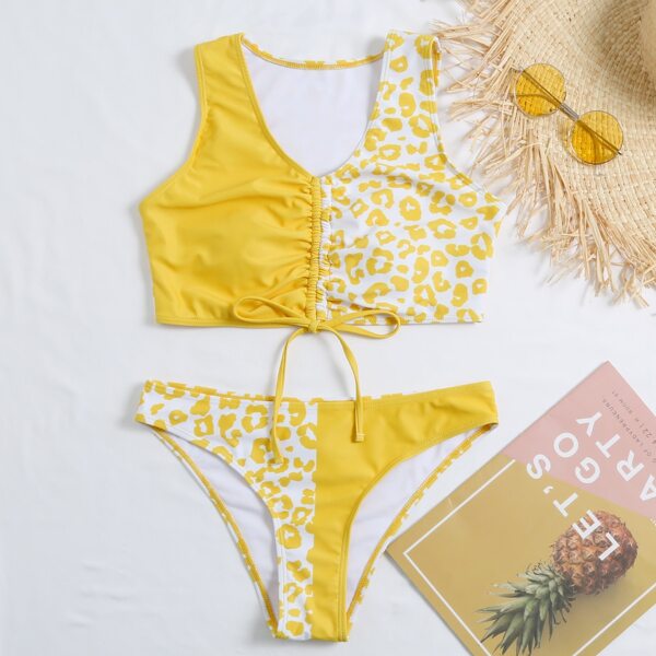 

Graphic Drawstring Knot Ruched Bikini Swimsuit, Yellow