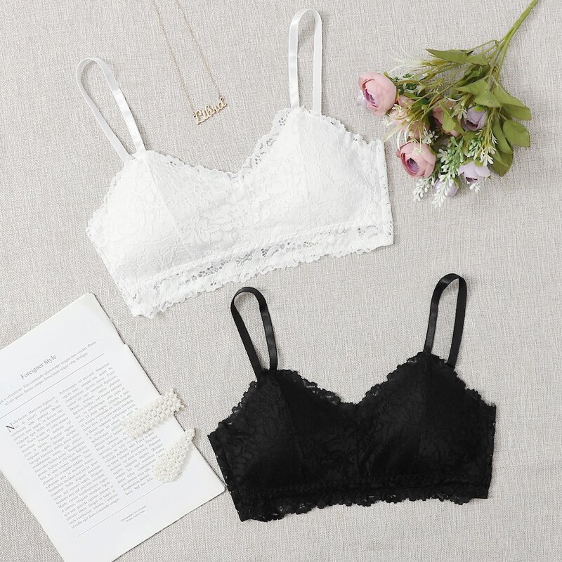 2pack Floral Lace Bralette, Black and white