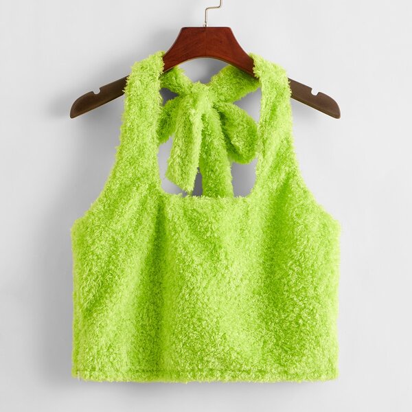 

Crisscross Tie Back Fuzzy Halter Top, Neon lime green