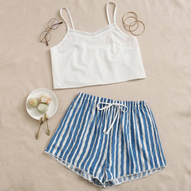 Stripe Tie Front Shorts PJ Set, Blue and white