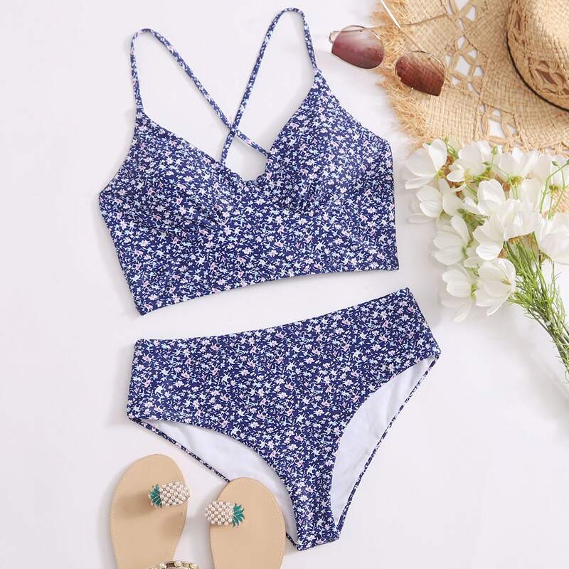 

Random Ditsy Floral Lace-up Bikini Swimsuit, Multicolor