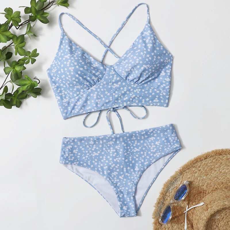 

Random Ditsy Floral Lace-up Bikini Swimsuit, Pastel baby blue