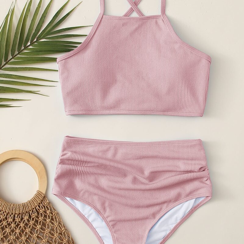 

Ribbed Lace-up High Waist Bikini Swimsuit, Pastel dusty pink