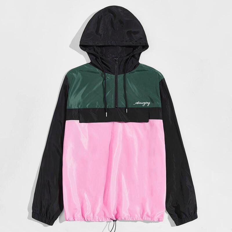 

Guys Letter Embroidered Flap Detail Colorblock Wind Anorak Jacket, Multicolor