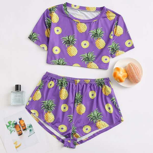 

Allover Pineapple Print PJ Set, Violet purple