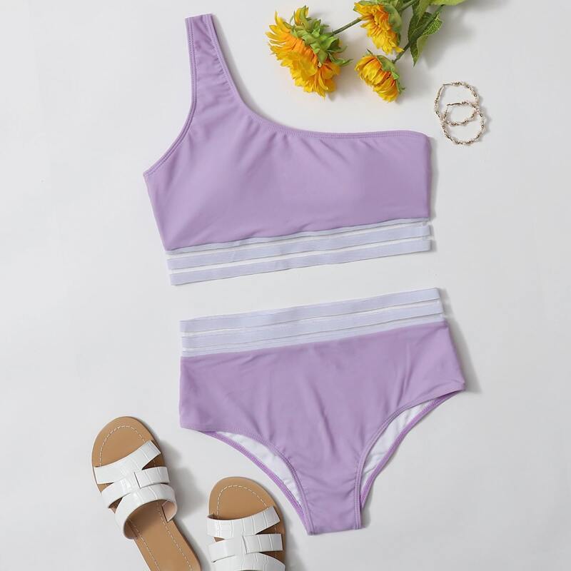

Stripe Tape One Shoulder Bikini Swimsuit, Pastel lilac purple