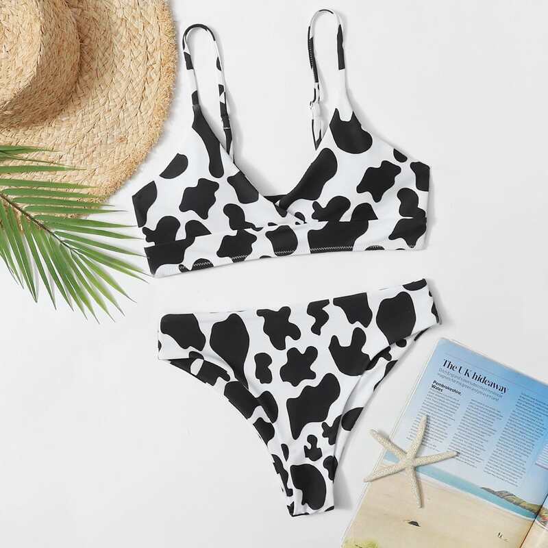

Cow Print Cami Bikini Swimsuit, Black and white