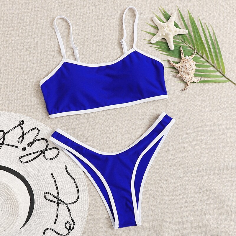 

Contrast Binding High Leg Bikini Swimsuit, Royal blue