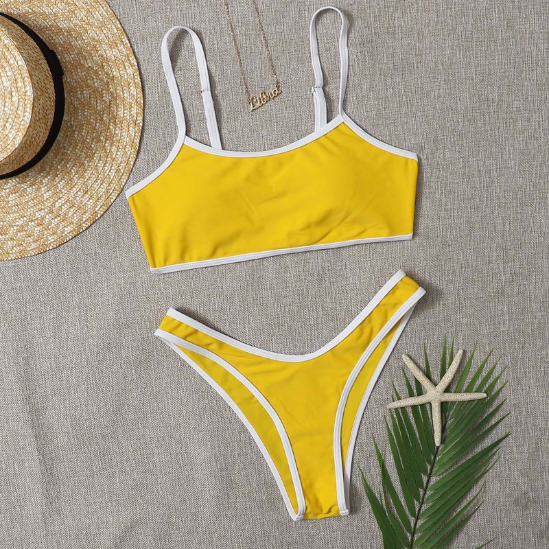 

Contrast Binding High Leg Bikini Swimsuit, Yellow