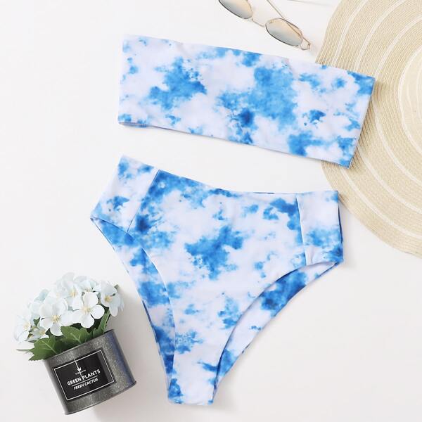 

Tie Dye Bandeau High Waisted Bikini Swimsuit, Blue and white