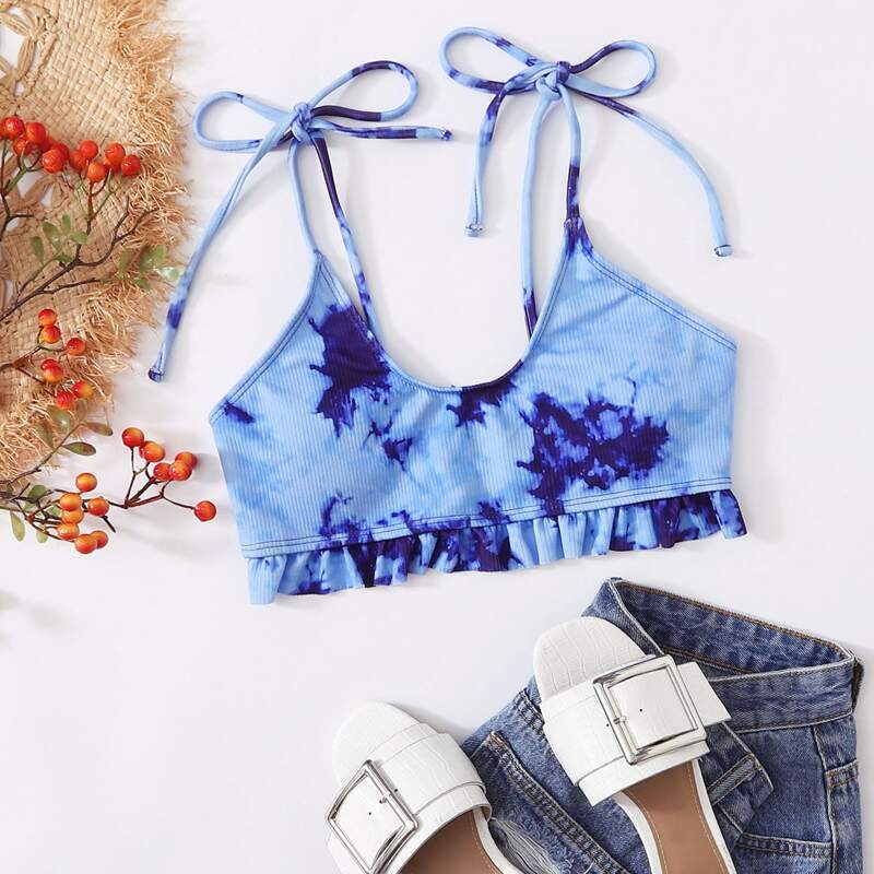 

Tie Dye Frill Hem Bikini Top, Blue