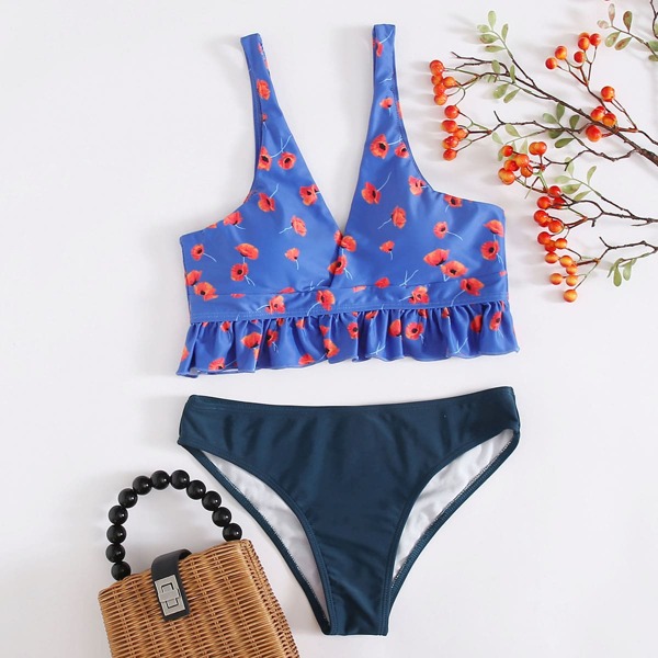

Floral Ruffle Hem Bikini Swimsuit, Multicolor
