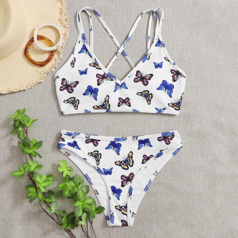 

Butterfly Ribbed Lace-up Bikini Swimsuit, White