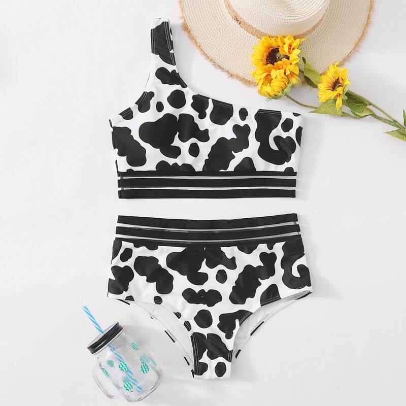 

Cow Print One Shoulder High Waist Bikini Swimsuit, Black and white