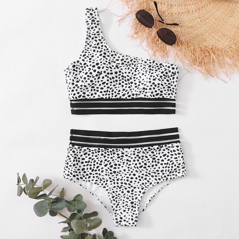 

Dalmatian One Shoulder High Waist Bikini Swimsuit, Black and white