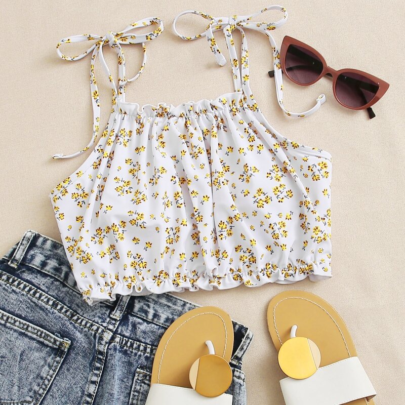 

Ditsy Floral Frill Trim Bikini Top, White