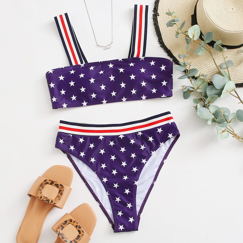 

Star Print Stripe Tape Bikini Swimsuit, Multicolor