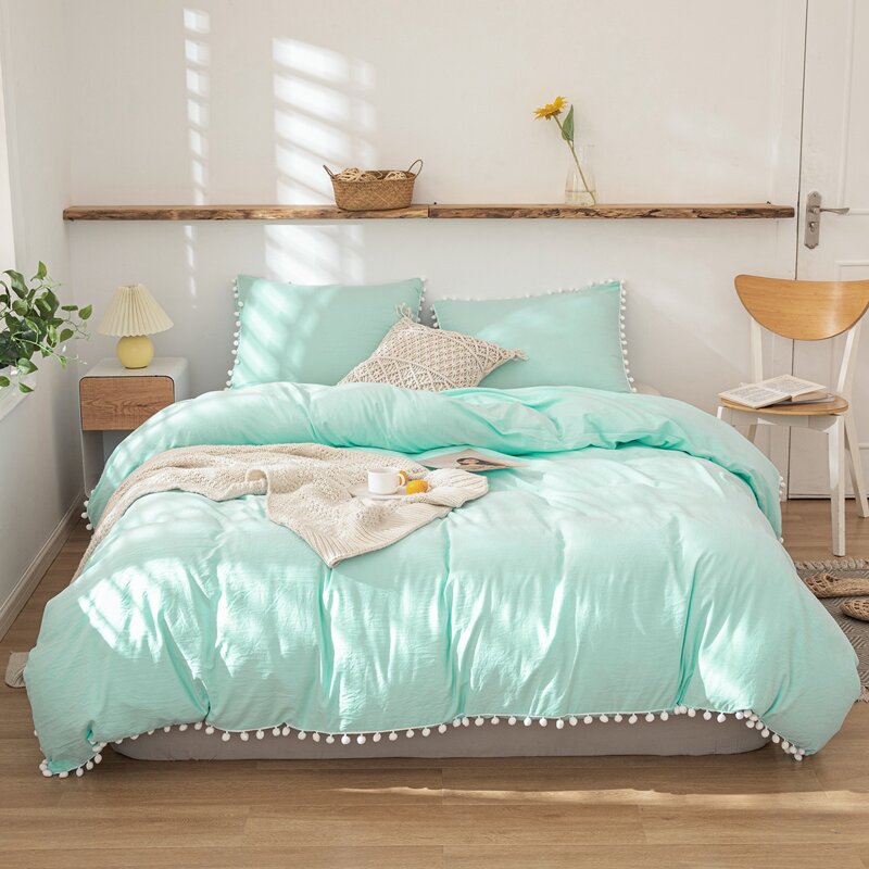 

Pom Pom Decor Solid Bedding Set Without Filler, Blue