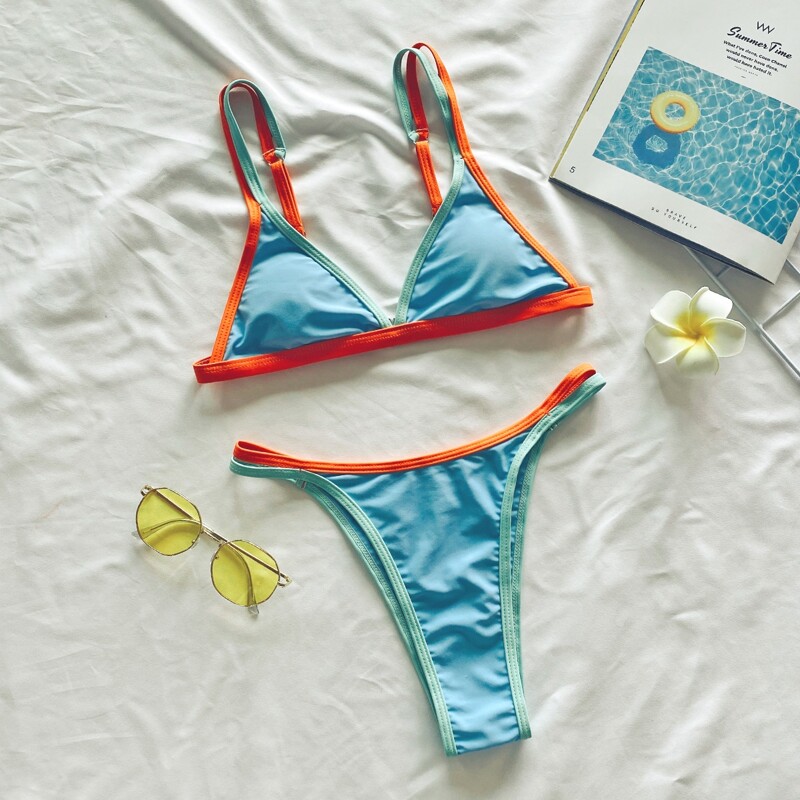 

Contrast Binding Triangle Thong Bikini Swimsuit, Pastel baby blue
