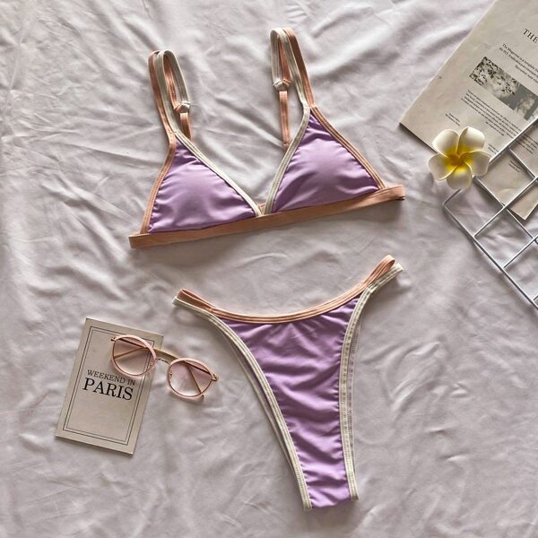 

Contrast Binding Triangle Thong Bikini Swimsuit, Pastel lilac purple