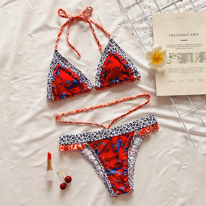 

Graphic Frill Trim Triangle Halter Bikini Swimsuit, Multicolor