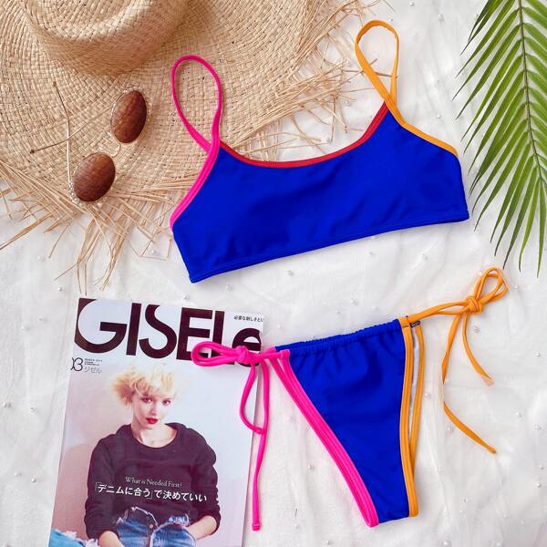 

Contrast Binding Tie Side Bikini Swimsuit, Royal blue