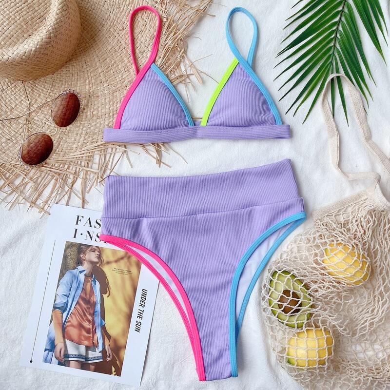 

Rib Triangle High Waisted Bikini Swimsuit, Pastel lilac purple