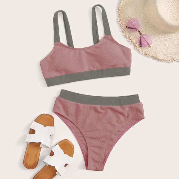 

Rib Contrast Trim High Waisted Bikini Swimsuit, Dusty pink