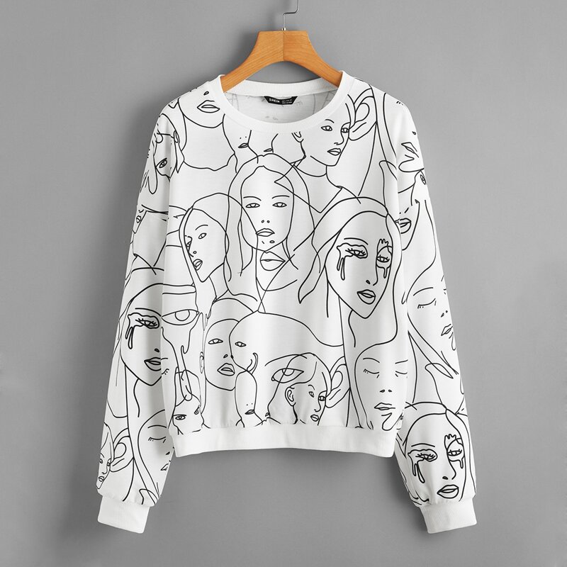 

Allover Figure Graphic Drop Shoulder Pullover, White