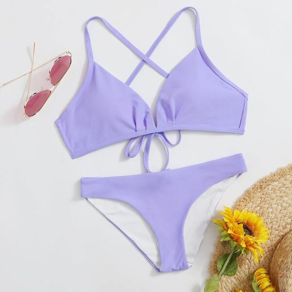 

Criss Cross Tie Back Bikini Swimsuit, Pastel lilac purple