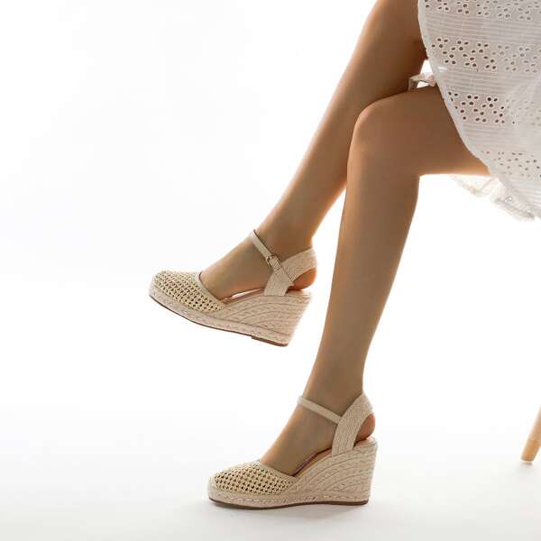 

Cap Toe Ankle Strap Espadrille Wedges, Beige