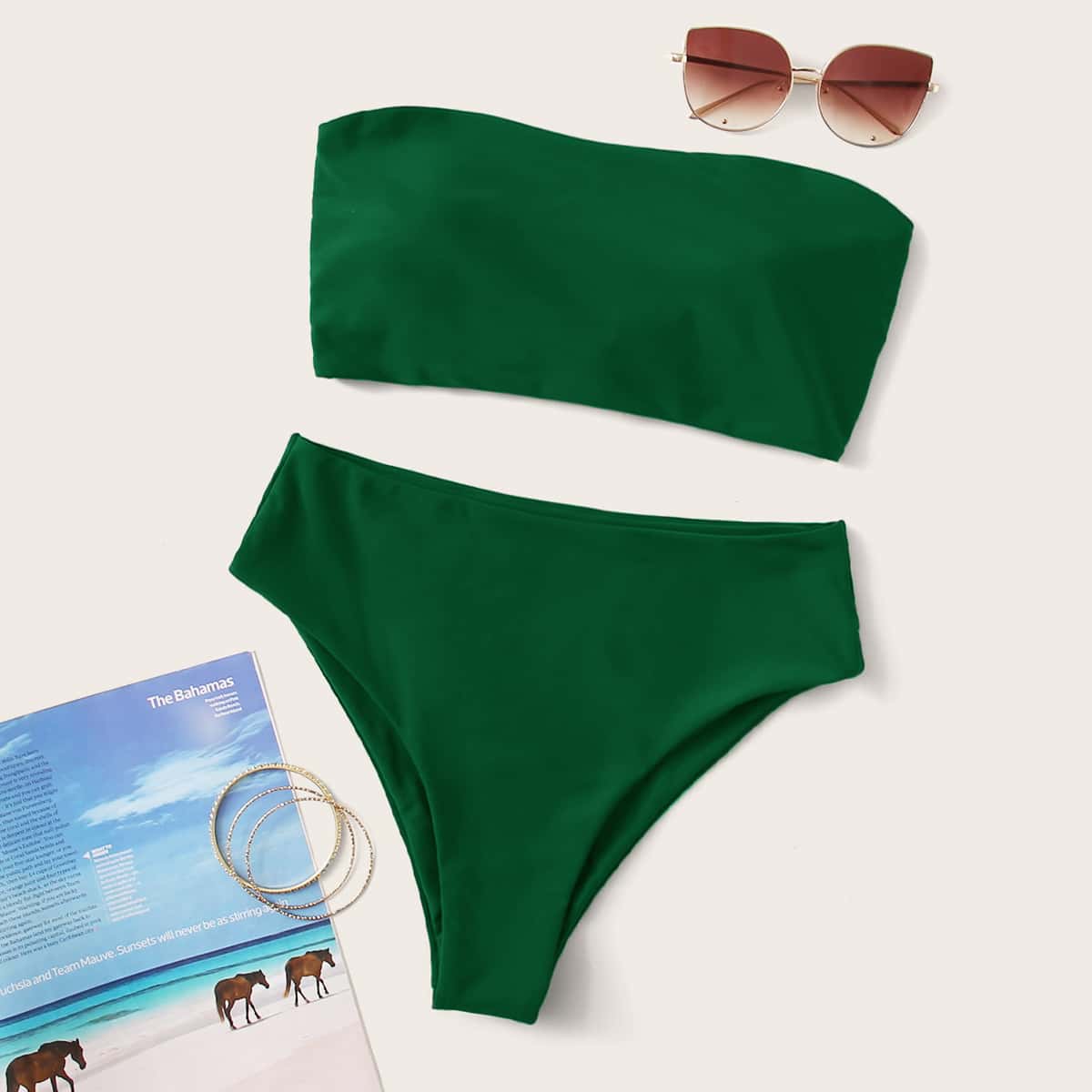 

Lace-up Back Bandeau High Waisted Bikini Swimsuit, Green