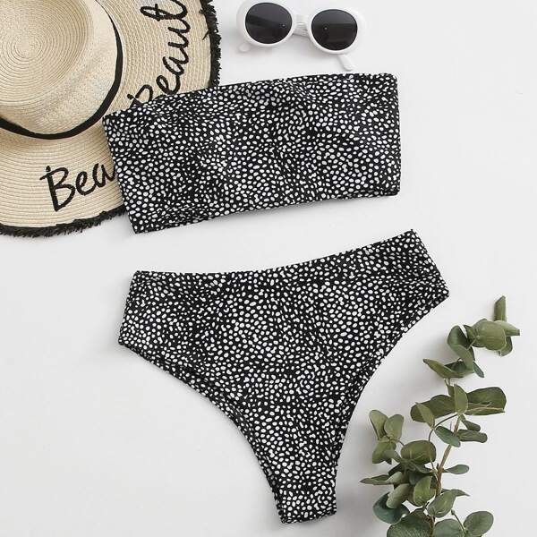 

Dalmatian Lace-up Back Bandeau Bikini Swimsuit, Black and white