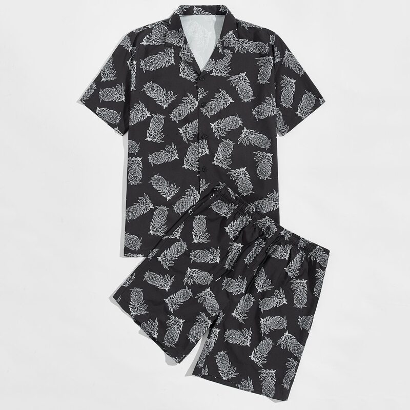 

Guys Pineapple Print Shirt & Shorts, Black