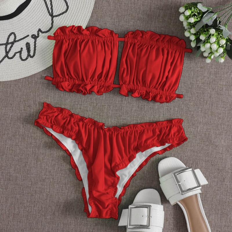 

Ruched Frill Trim Bandeau Bikini Swimsuit, Red