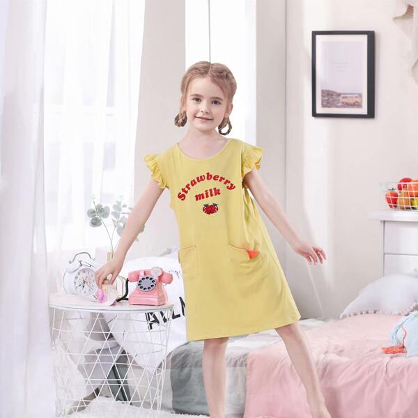 

Toddler Girls Strawberry Print Dual Pockets Nightdress, Yellow pastel