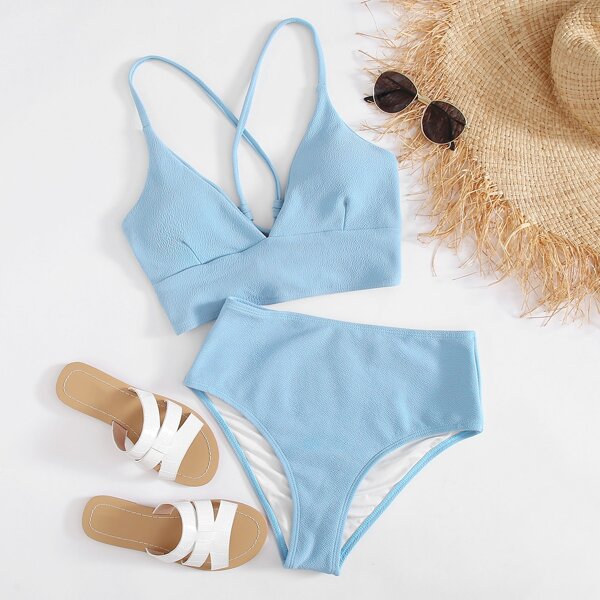 

Textured Tie Back High Waisted Bikini Swimsuit, Pastel baby blue